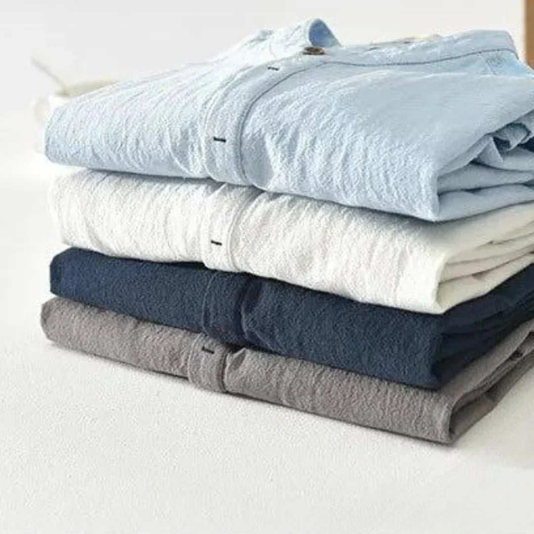 Close-up of premium linen fabric used in the RIVASSI Capri stand collar shirt
