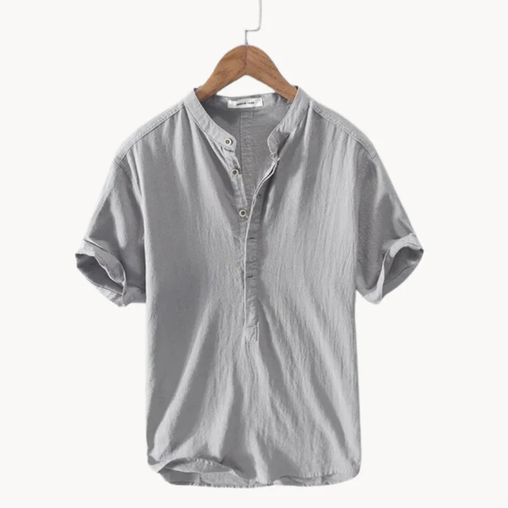 RIVASSI Capri linen stand collar shirt in Ash Grey with refined linen texture
