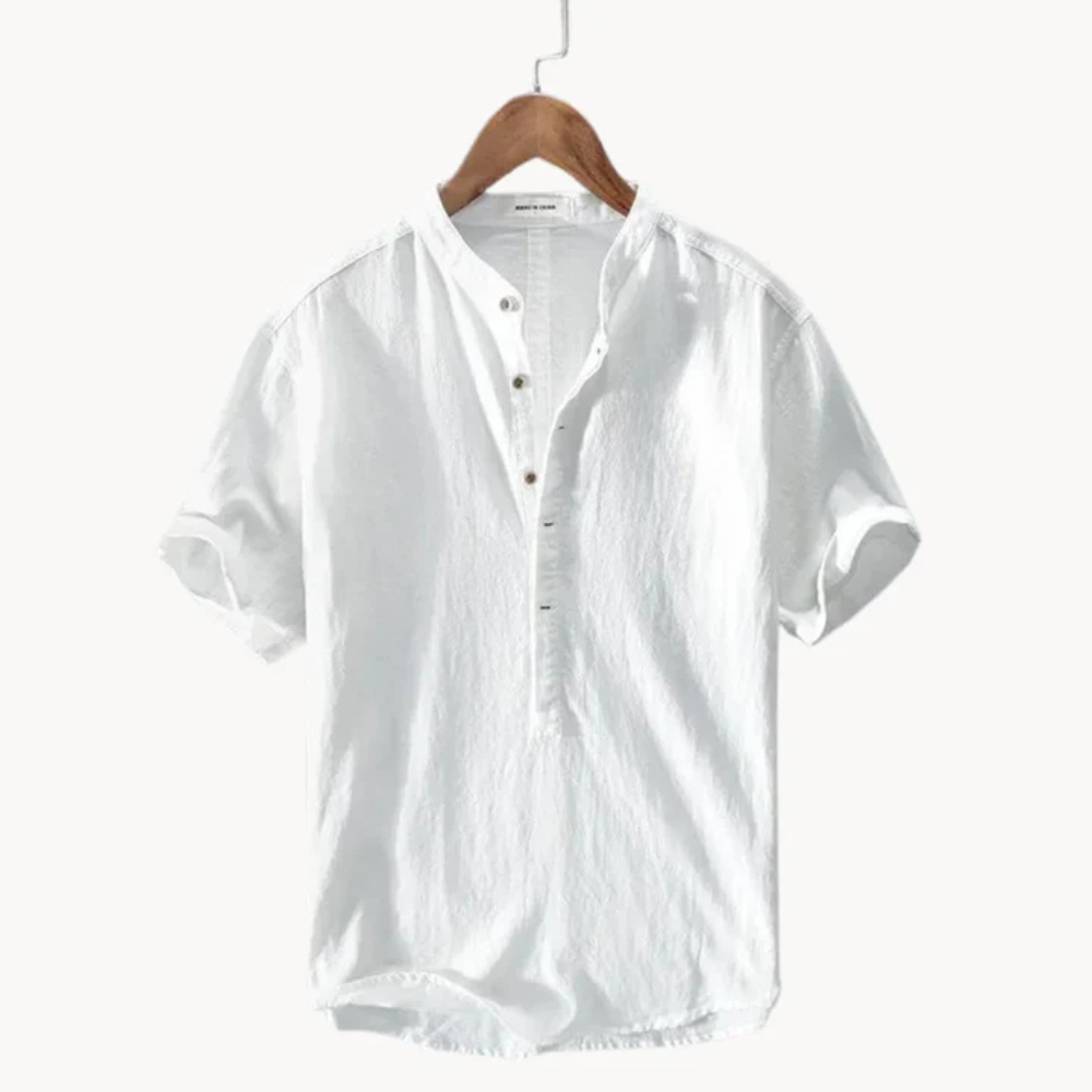 RIVASSI Capri linen stand collar shirt in Pure White with clean minimalist design
